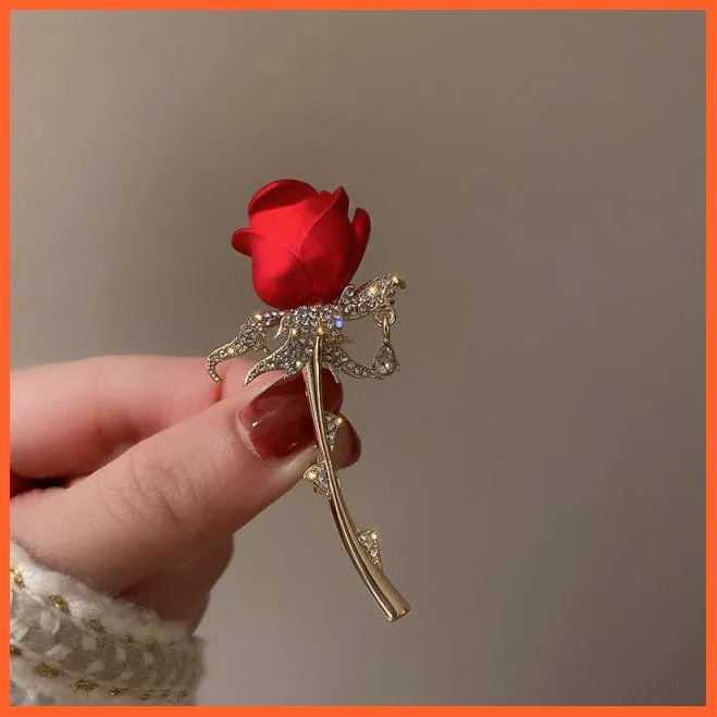 Rhinestone Red Rose Flower Brooches | Elegant Tulip Flower Bowknot Lapel Pins