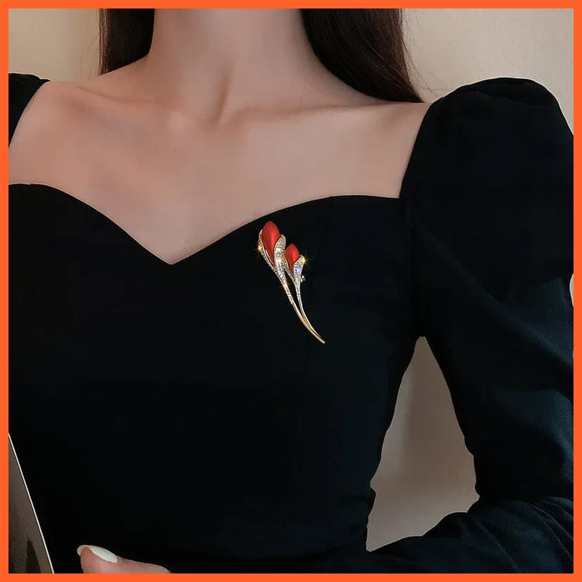 Rhinestone Red Rose Flower Brooches | Elegant Tulip Flower Bowknot Lapel Pins