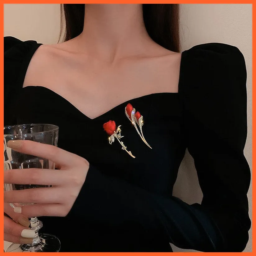 Rhinestone Red Rose Flower Brooches | Elegant Tulip Flower Bowknot Lapel Pins