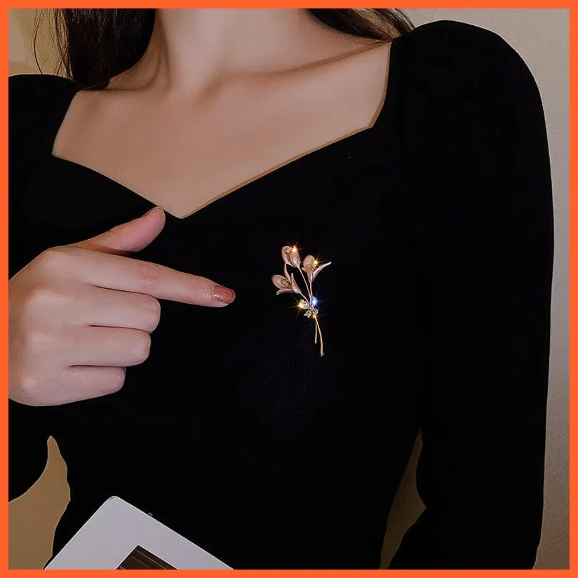 Rhinestone Red Rose Flower Brooches | Elegant Tulip Flower Bowknot Lapel Pins