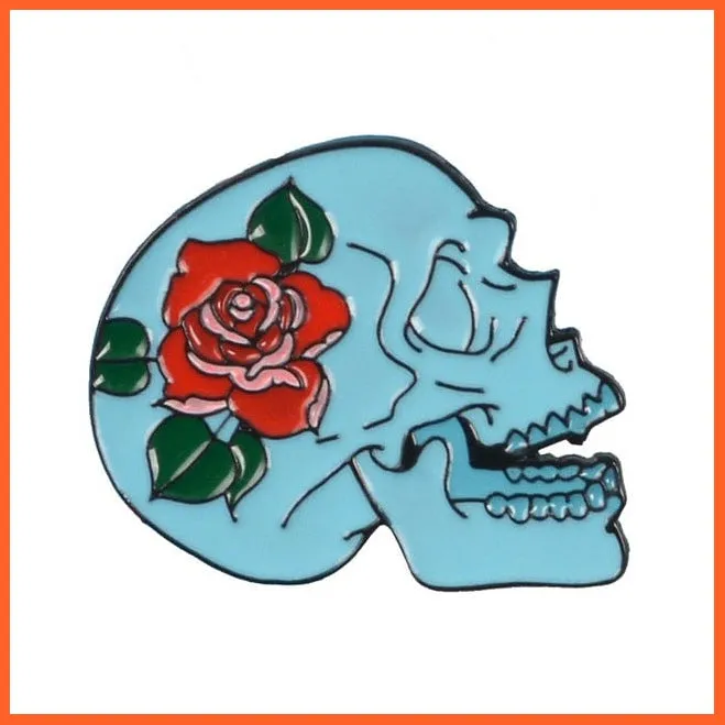 Rose Flowers Japanese Samurai Ninja Skull Pins | Skeleton Lapel Brooches