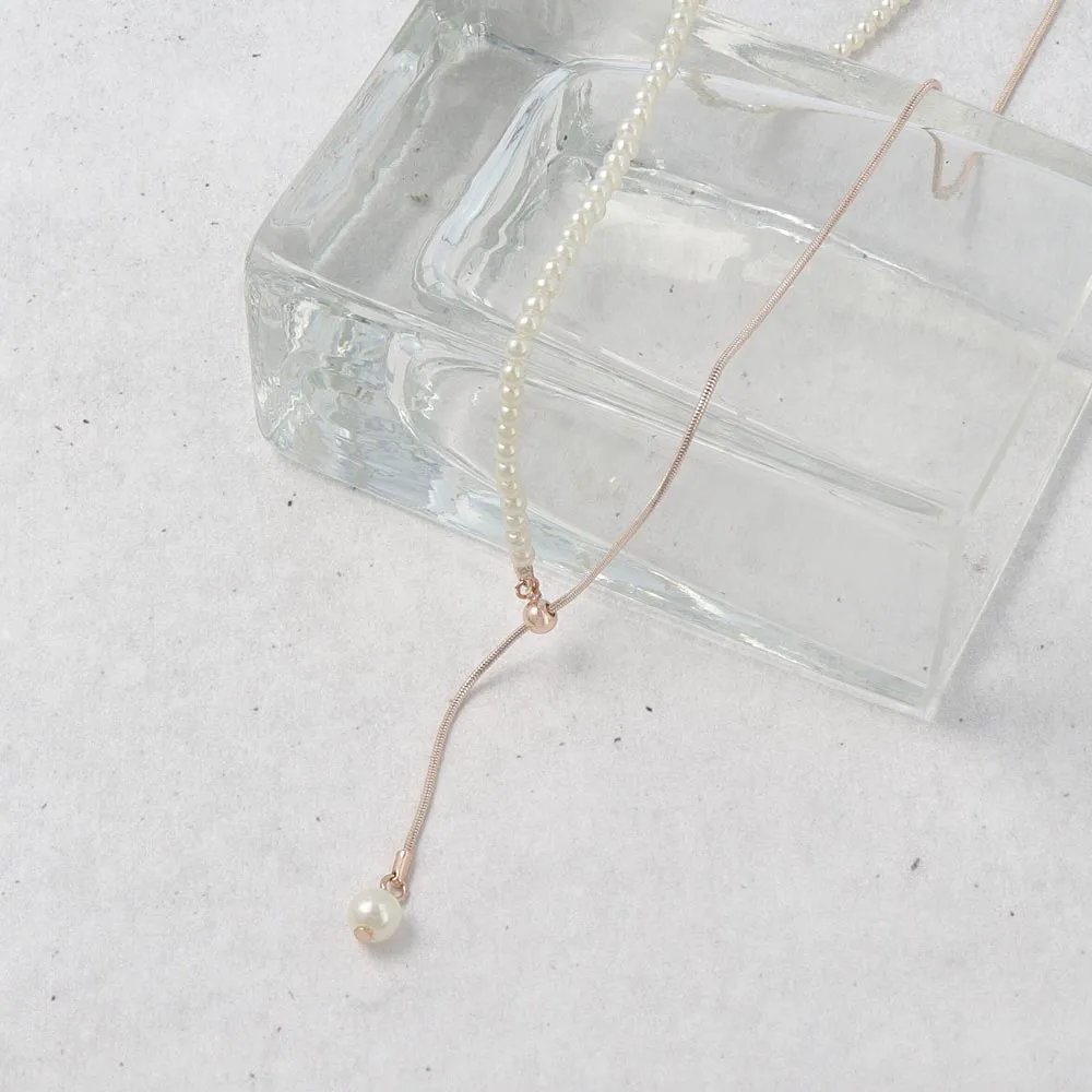 Rose Silver Half Chain And Pearl Y Necklace