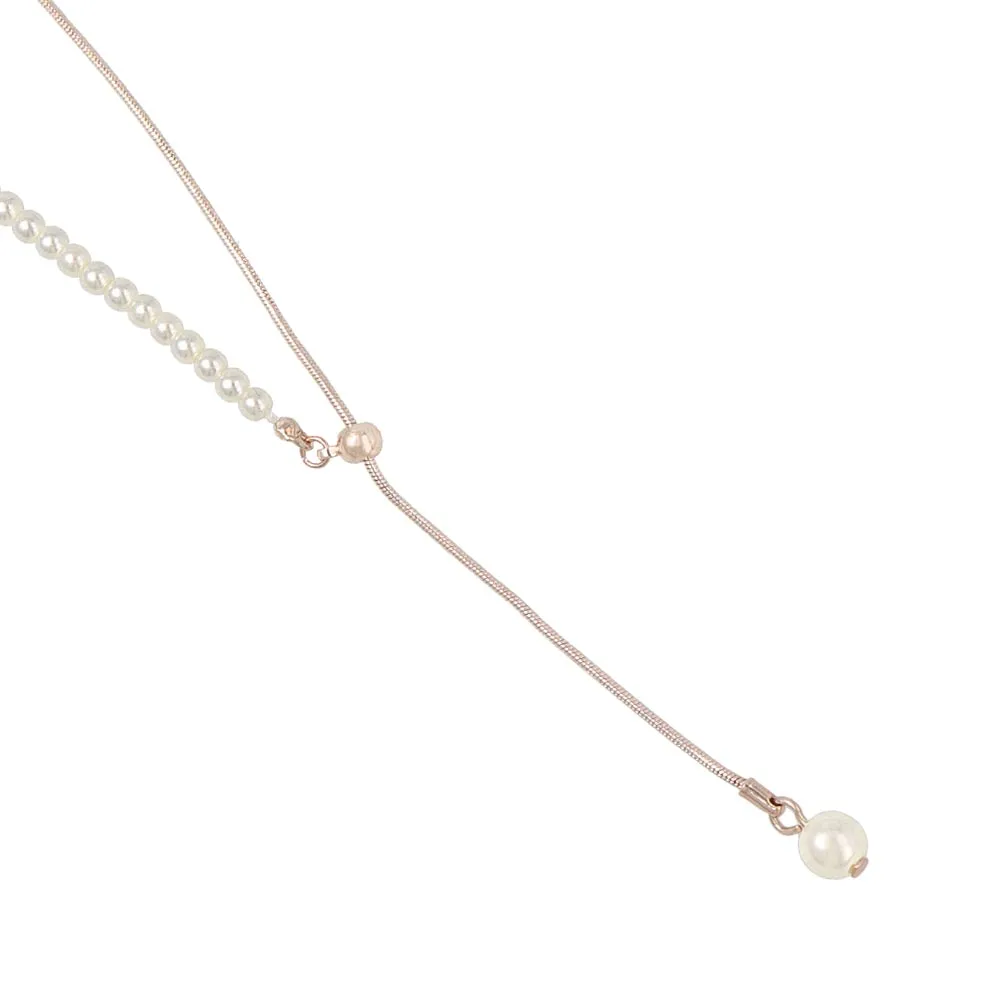 Rose Silver Half Chain And Pearl Y Necklace