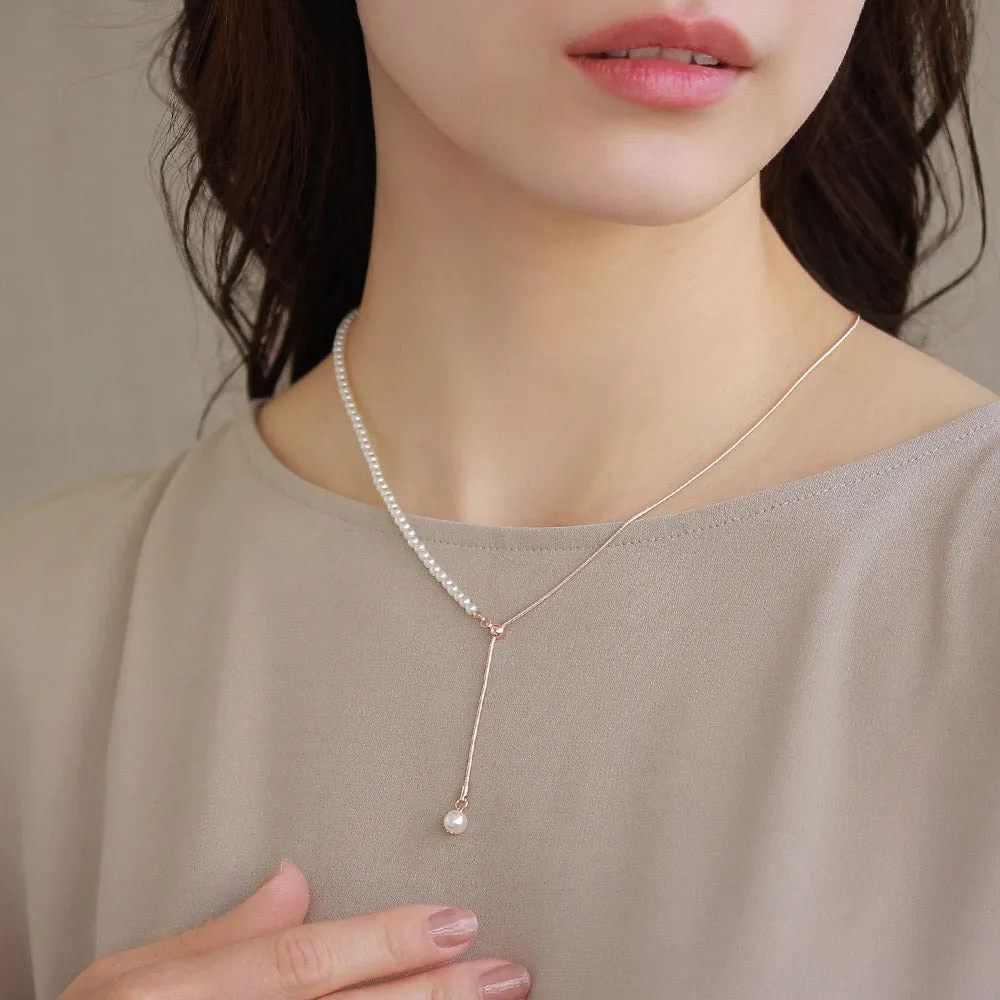Rose Silver Half Chain And Pearl Y Necklace