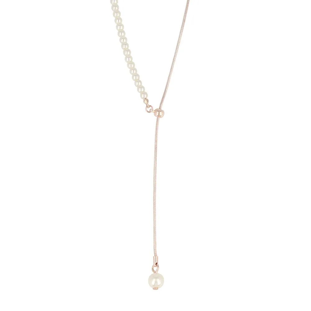 Rose Silver Half Chain And Pearl Y Necklace