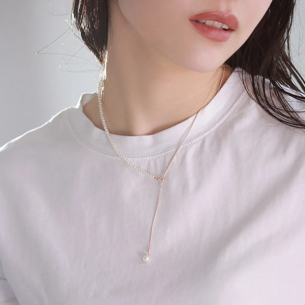 Rose Silver Half Chain And Pearl Y Necklace