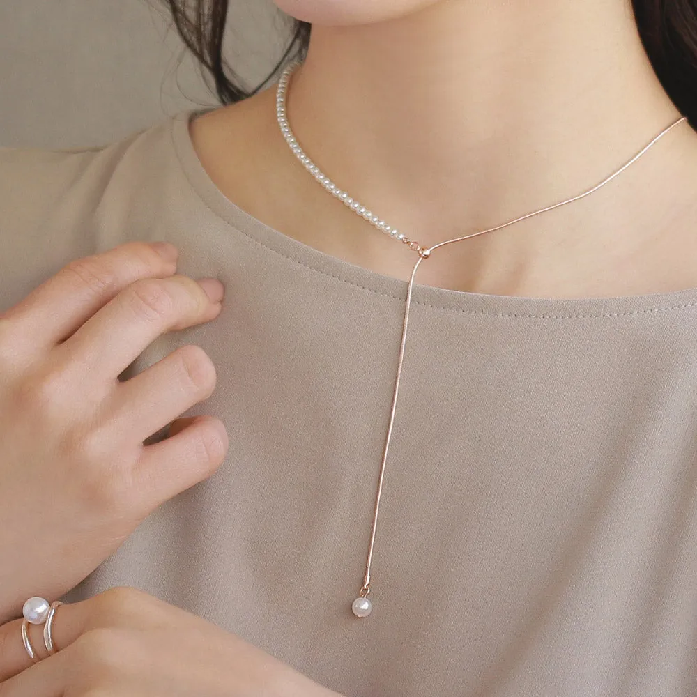 Rose Silver Half Chain And Pearl Y Necklace