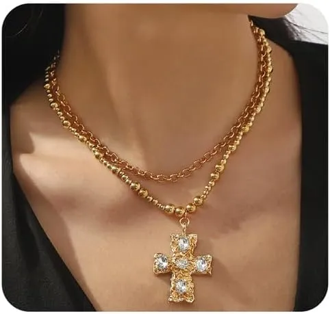 Rrdaily Chunky Gold Cross Necklace for Women Layered Vintage Cubic Zirconia Cross Pendant Necklaces Stackable Beaded Chain Necklaces Trendy Jewelry Gifts
