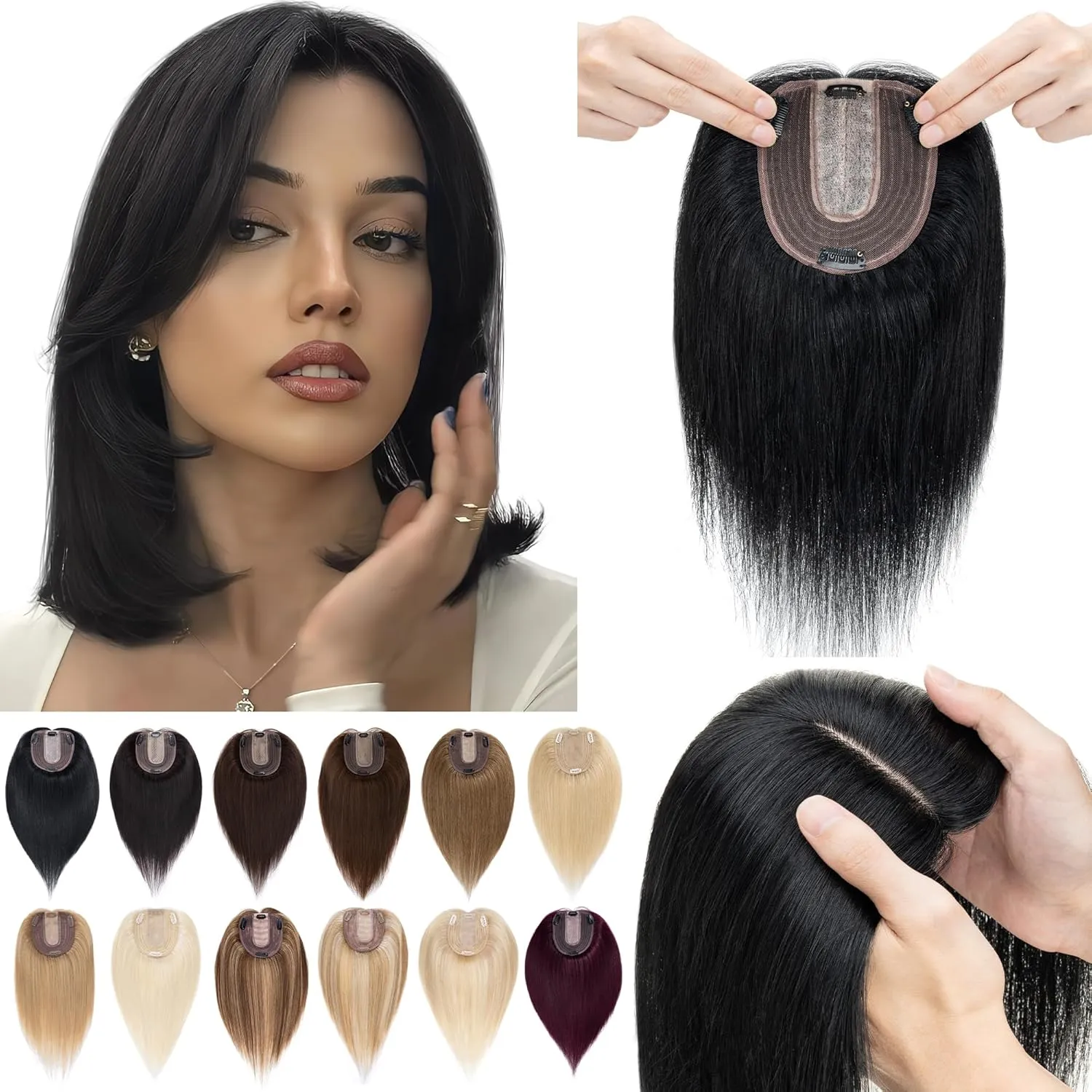 SEGO Hair Toppers for Women Real Human Hair No Bangs, 130% Density 10 * 12CM Silk Base Remy Clip in Top Wiglet Hairpieces Add Volume-6 Inch Jet Black