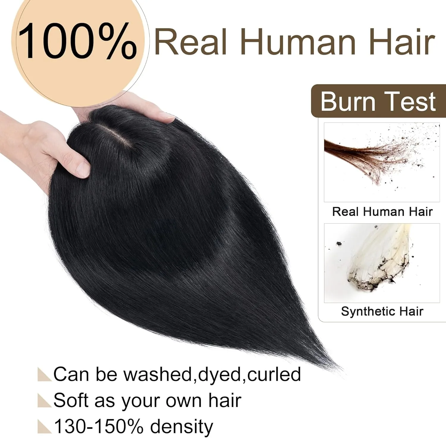 SEGO Hair Toppers for Women Real Human Hair No Bangs, 130% Density 10 * 12CM Silk Base Remy Clip in Top Wiglet Hairpieces Add Volume-6 Inch Jet Black