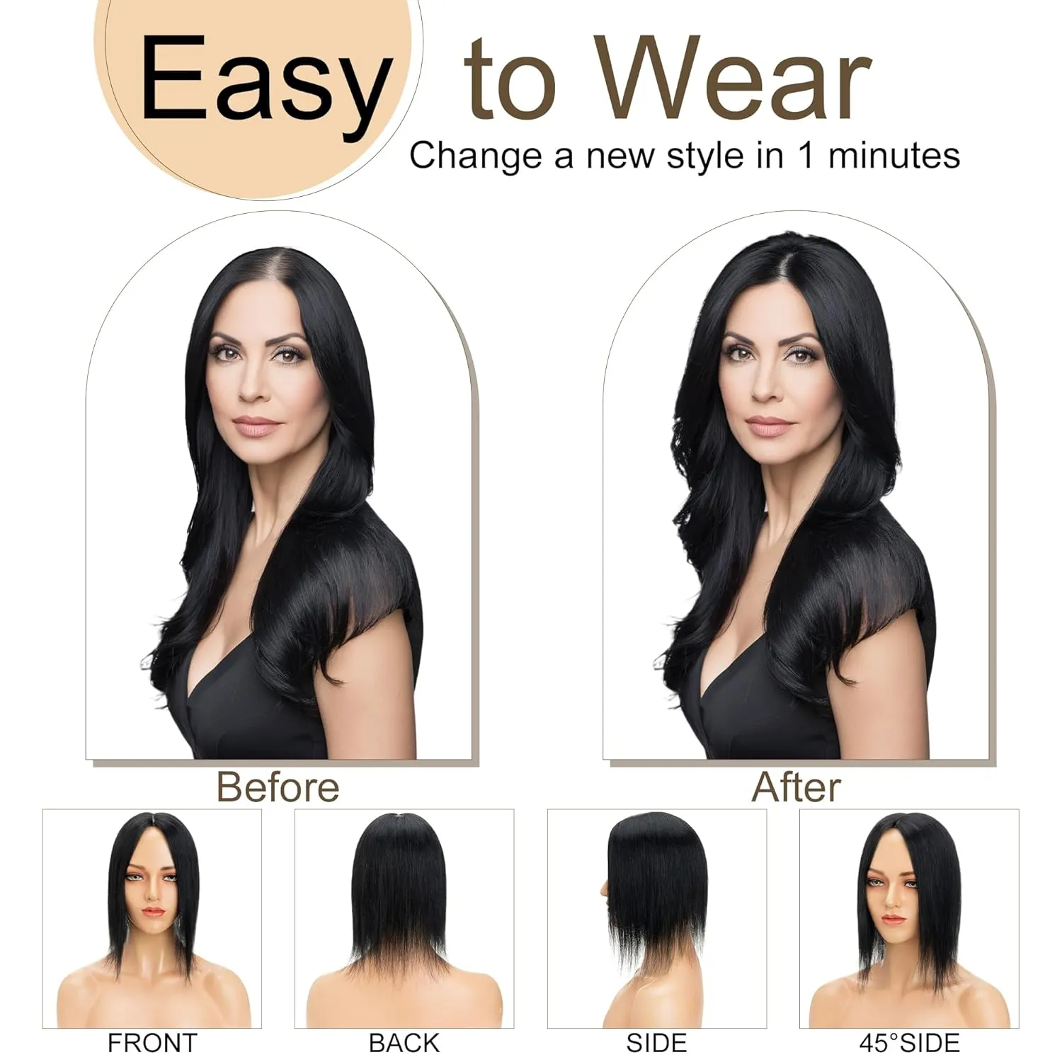 SEGO Hair Toppers for Women Real Human Hair No Bangs, 130% Density 10 * 12CM Silk Base Remy Clip in Top Wiglet Hairpieces Add Volume-6 Inch Jet Black