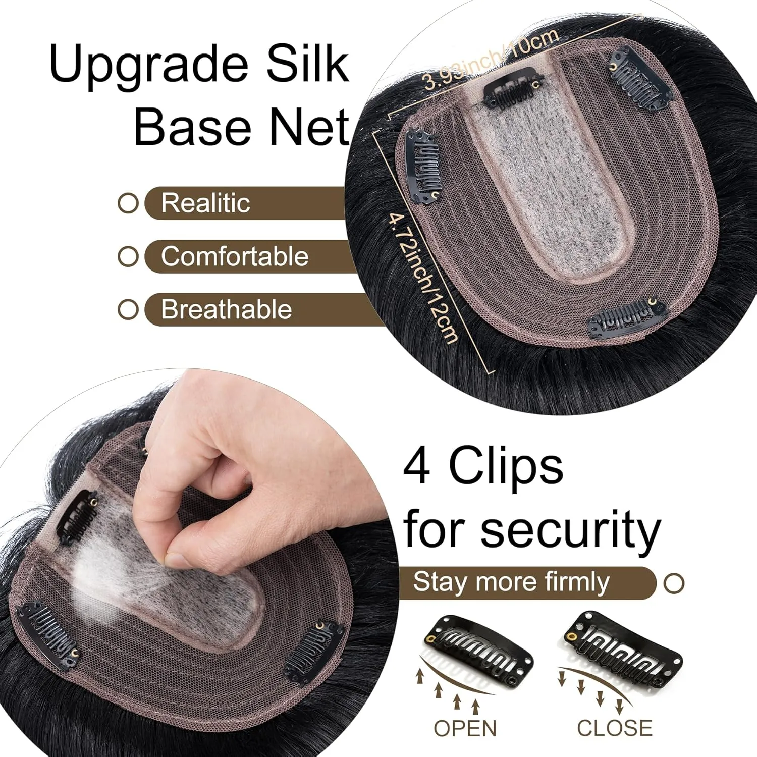 SEGO Hair Toppers for Women Real Human Hair No Bangs, 130% Density 10 * 12CM Silk Base Remy Clip in Top Wiglet Hairpieces Add Volume-6 Inch Jet Black