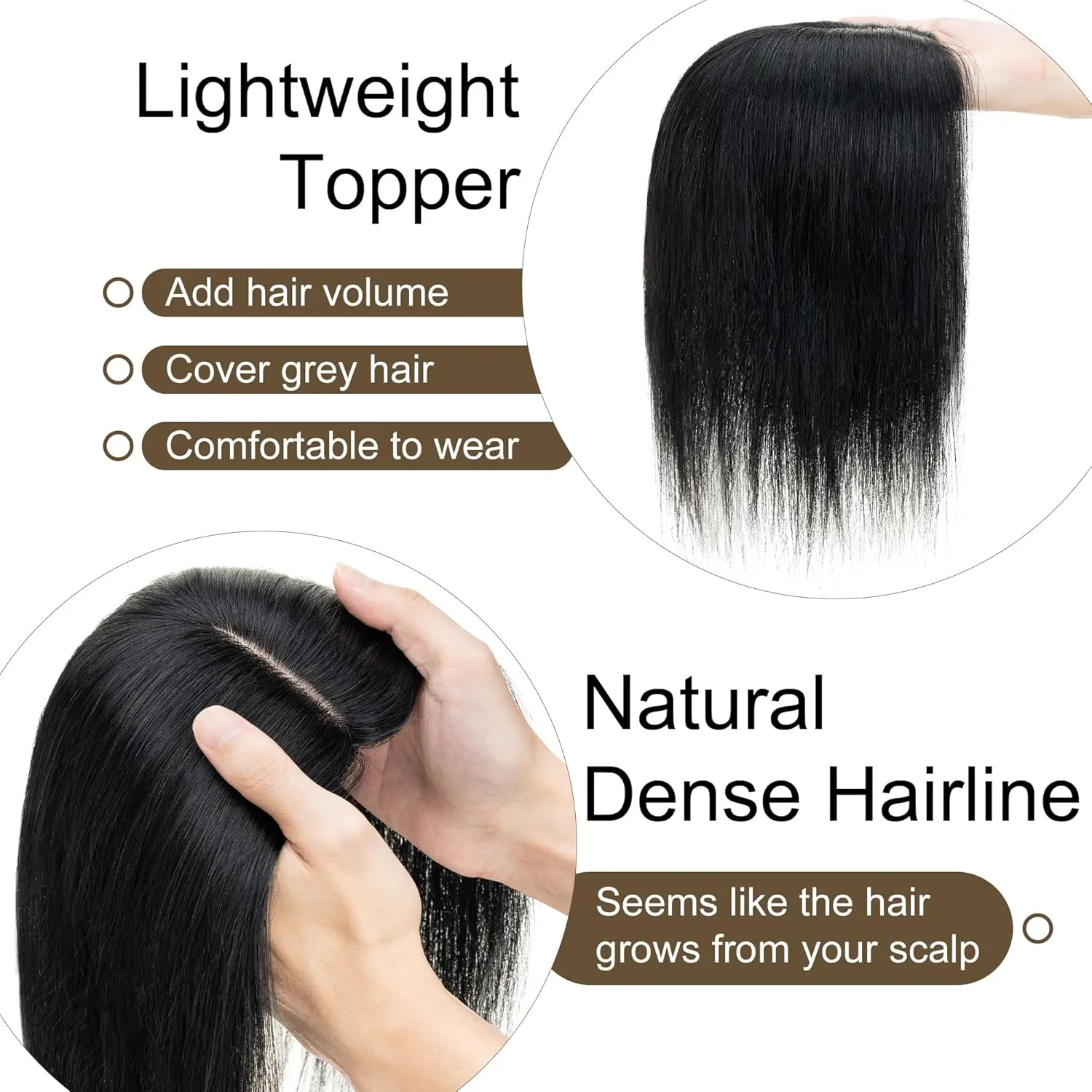 SEGO Hair Toppers for Women Real Human Hair No Bangs, 130% Density 10 * 12CM Silk Base Remy Clip in Top Wiglet Hairpieces Add Volume-6 Inch Jet Black