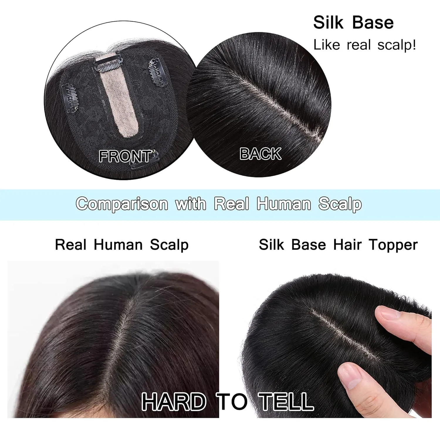 SEGO Hair Toppers for Women Real Human Hair No Bangs, 130% Density 10 * 12CM Silk Base Remy Clip in Top Wiglet Hairpieces Add Volume-6 Inch Jet Black