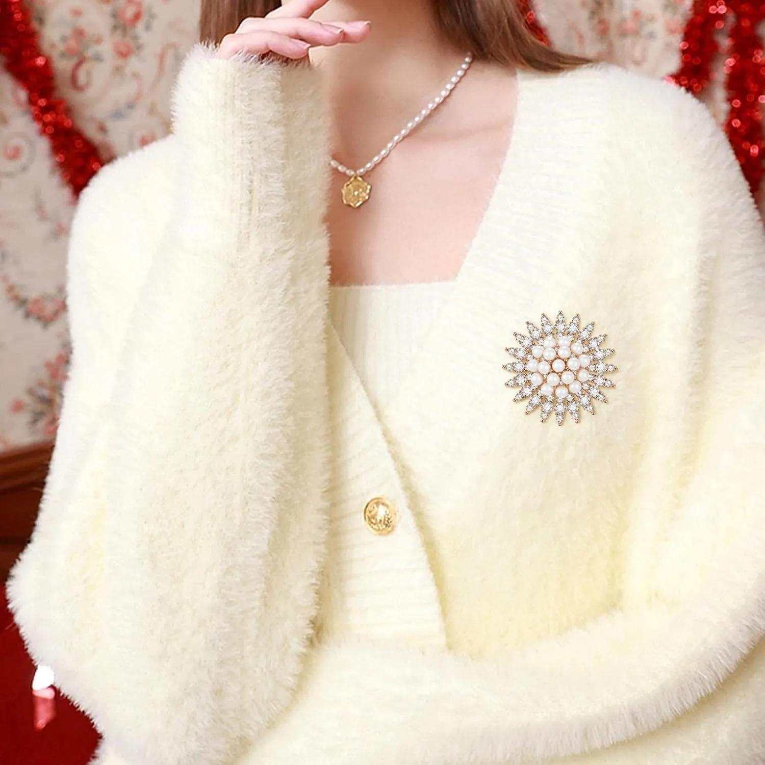 SELOVO Bling Elegant Crystal Simulated Pearl Snowflake Brooch Pin