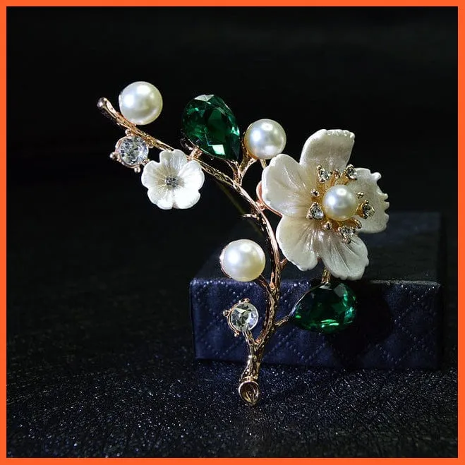 Shell Pearl Flower Brooches | Elegant Fashion Pin Red Crystal Enamel Lapel Pin