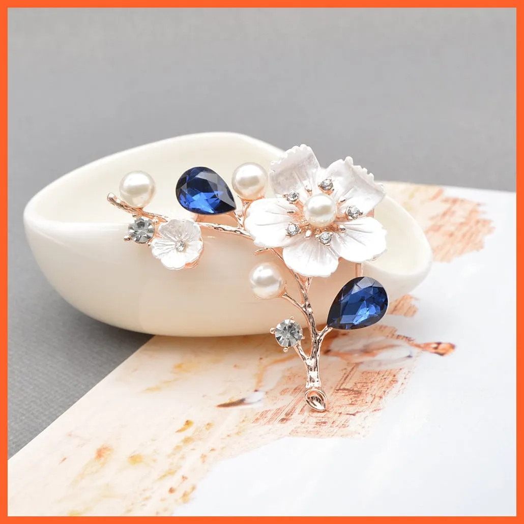 Shell Pearl Flower Brooches | Elegant Fashion Pin Red Crystal Enamel Lapel Pin
