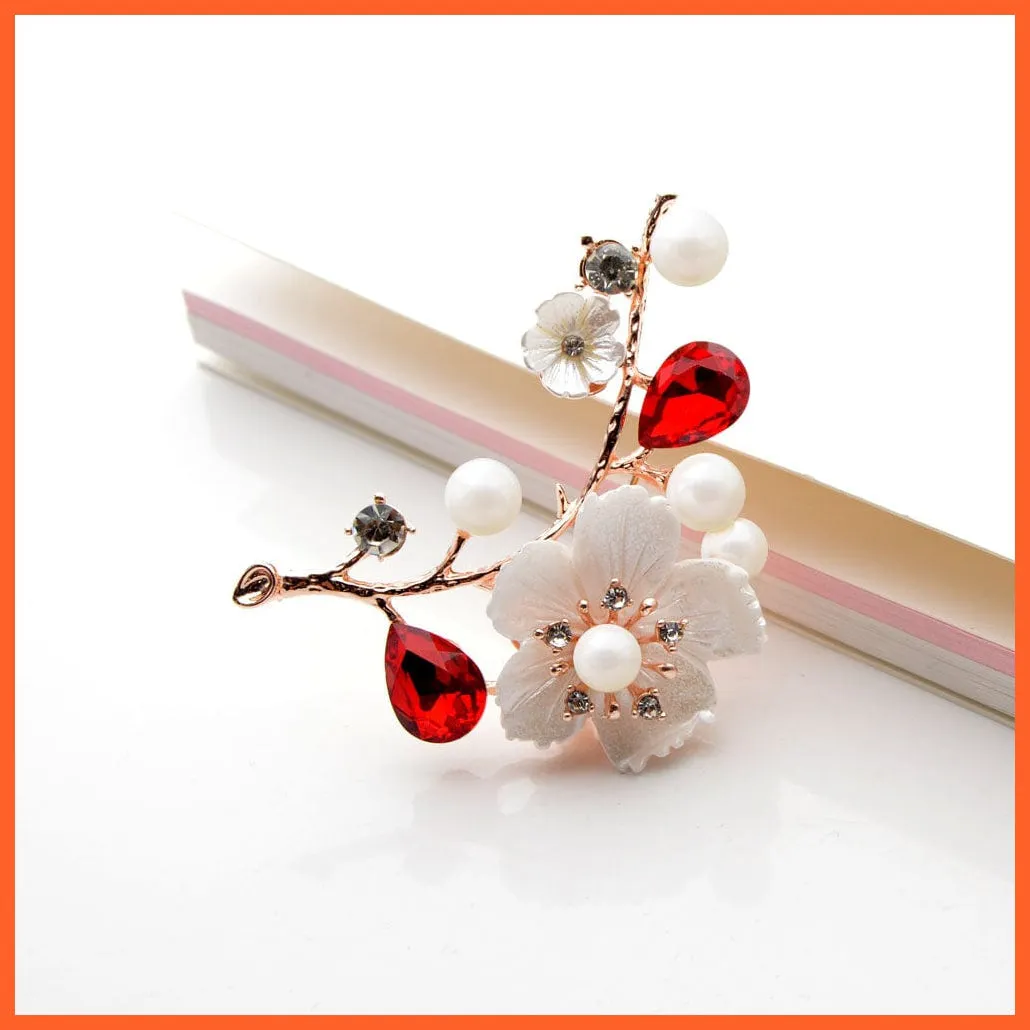 Shell Pearl Flower Brooches | Elegant Fashion Pin Red Crystal Enamel Lapel Pin