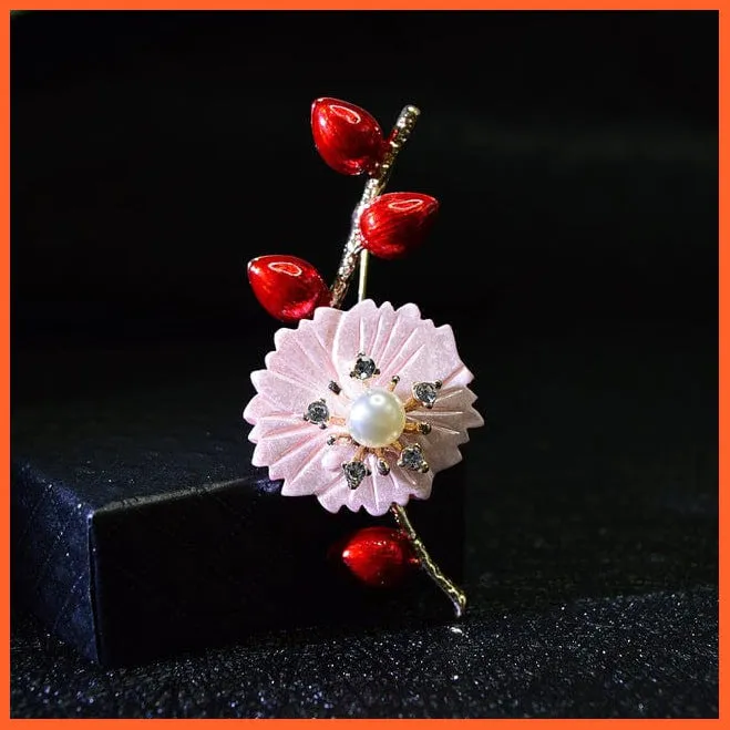 Shell Pearl Flower Brooches | Elegant Fashion Pin Red Crystal Enamel Lapel Pin