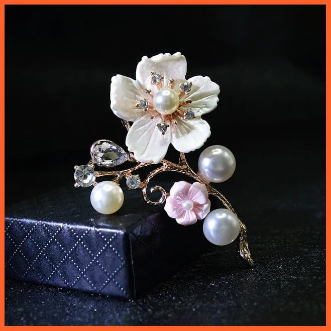 Shell Pearl Flower Brooches | Elegant Fashion Pin Red Crystal Enamel Lapel Pin