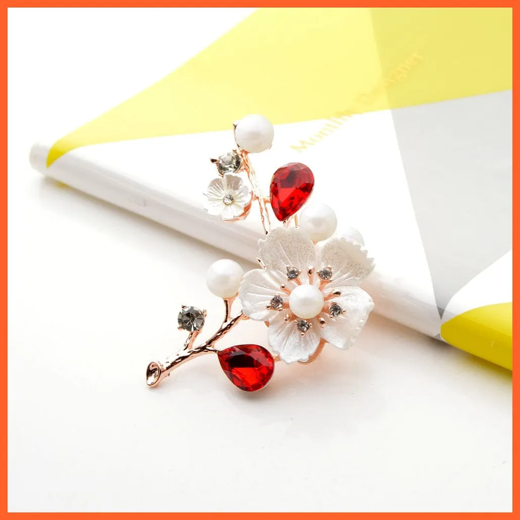 Shell Pearl Flower Brooches | Elegant Fashion Pin Red Crystal Enamel Lapel Pin