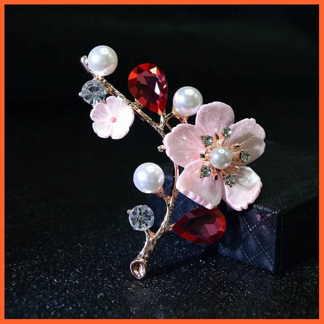 Shell Pearl Flower Brooches | Elegant Fashion Pin Red Crystal Enamel Lapel Pin