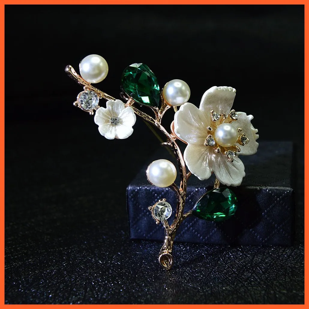 Shell Pearl Flower Brooches | Elegant Fashion Pin Red Crystal Enamel Lapel Pin