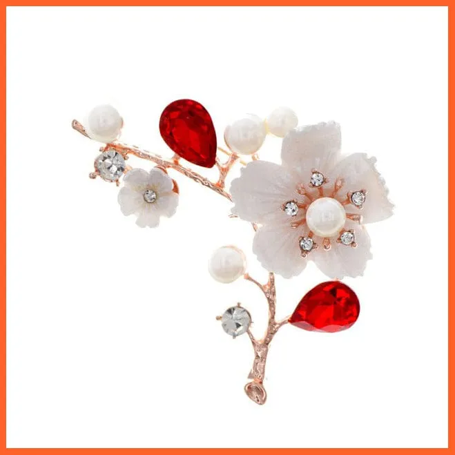 Shell Pearl Flower Brooches | Elegant Fashion Pin Red Crystal Enamel Lapel Pin