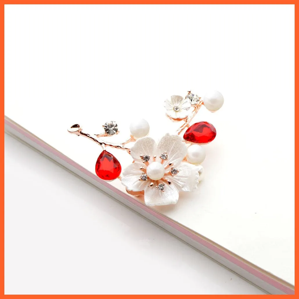 Shell Pearl Flower Brooches | Elegant Fashion Pin Red Crystal Enamel Lapel Pin