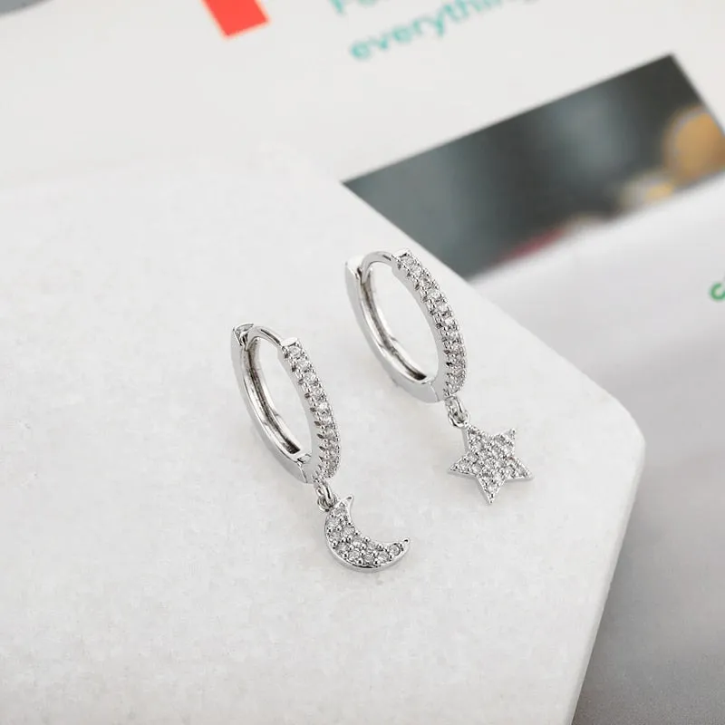 Shiny Zircon Moon And Star Earrings For Women