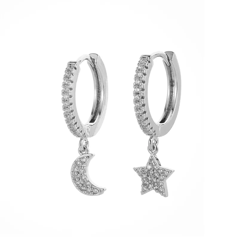 Shiny Zircon Moon And Star Earrings For Women
