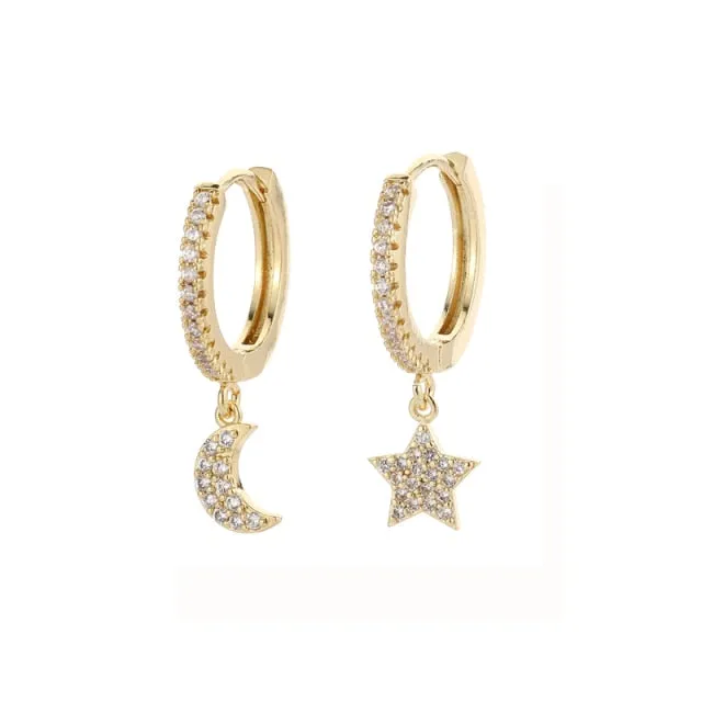 Shiny Zircon Moon And Star Earrings For Women
