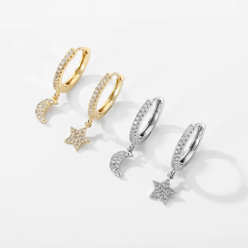 Shiny Zircon Moon And Star Earrings For Women