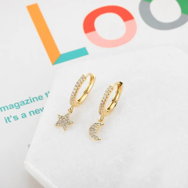 Shiny Zircon Moon And Star Earrings For Women