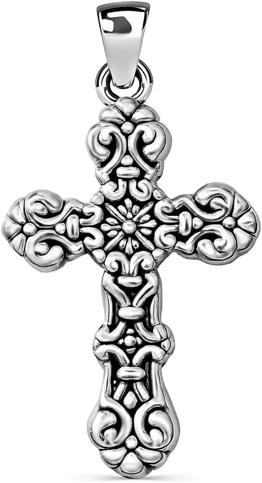 SHOP LC 925 Sterling Silver Cross Pendant Oxidized Swirling - Silver Cross Necklaces for Women Religious Jewelry Catholic Faith Christian Birthday Mothers Day Gifts