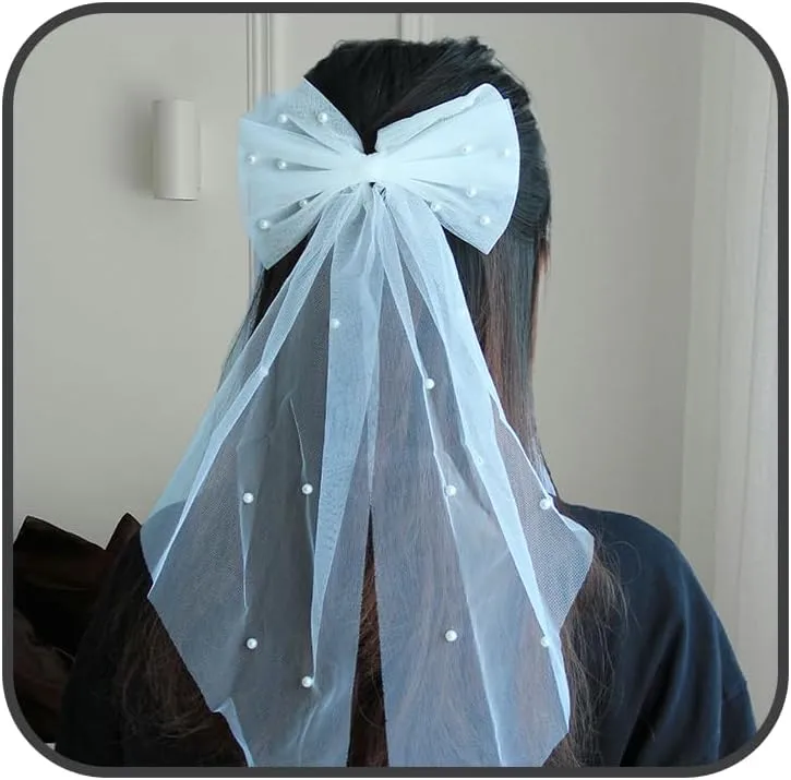 Short Veil Hairpieces for Women Pearl Bride Veil Bachelorette Party White Bow Hair Veil Wedding Accessories
