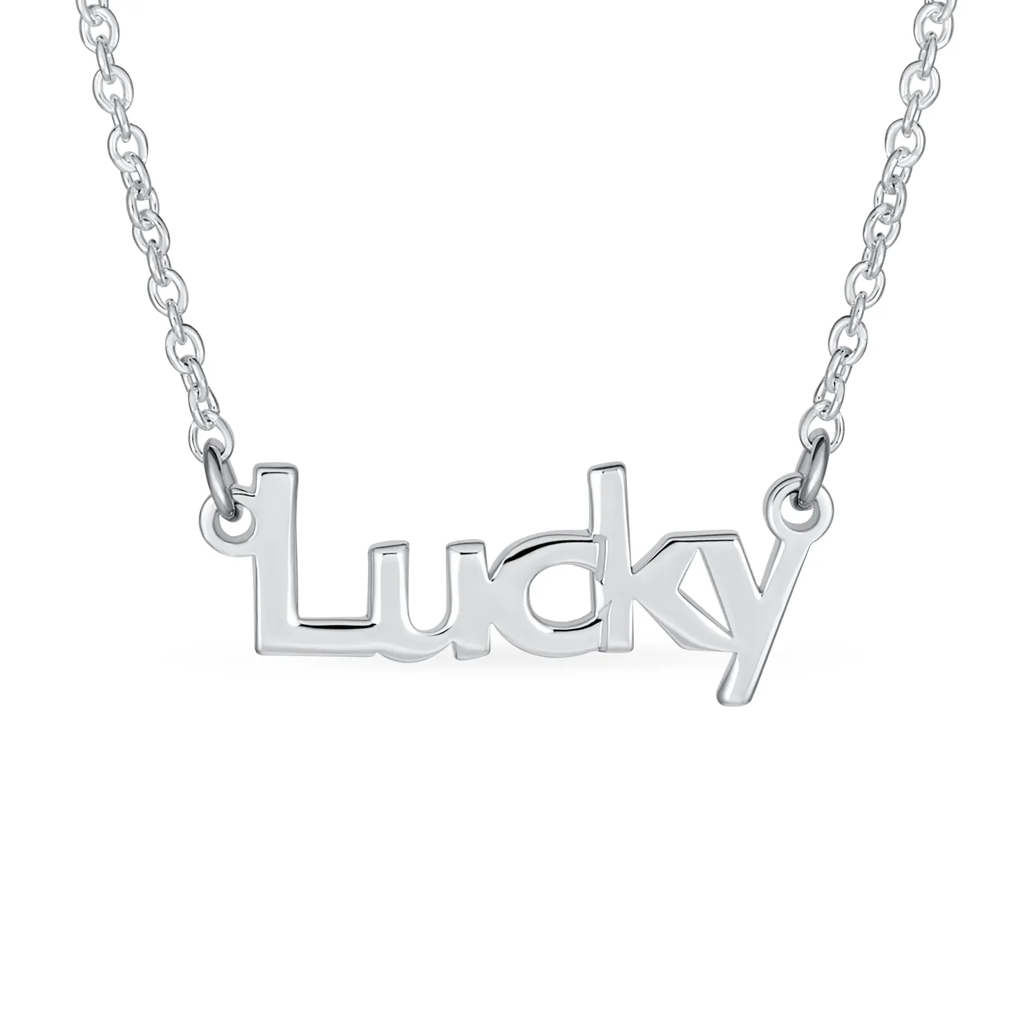 Sideways Station Pendant Necklace with Dainty Block Letters in Sterling Silver