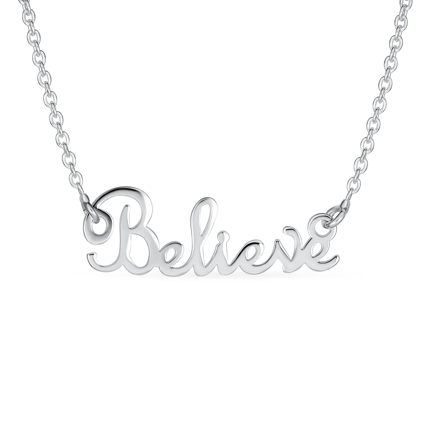 Sideways Station Script Word Believe Pendant Necklace .925 Sterling Silver 16"