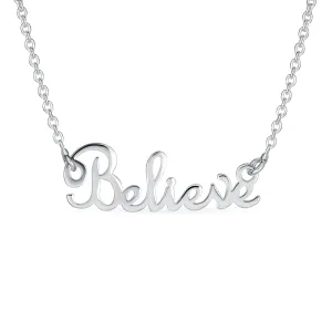 Sideways Station Script Word Believe Pendant Necklace .925 Sterling Silver 16"