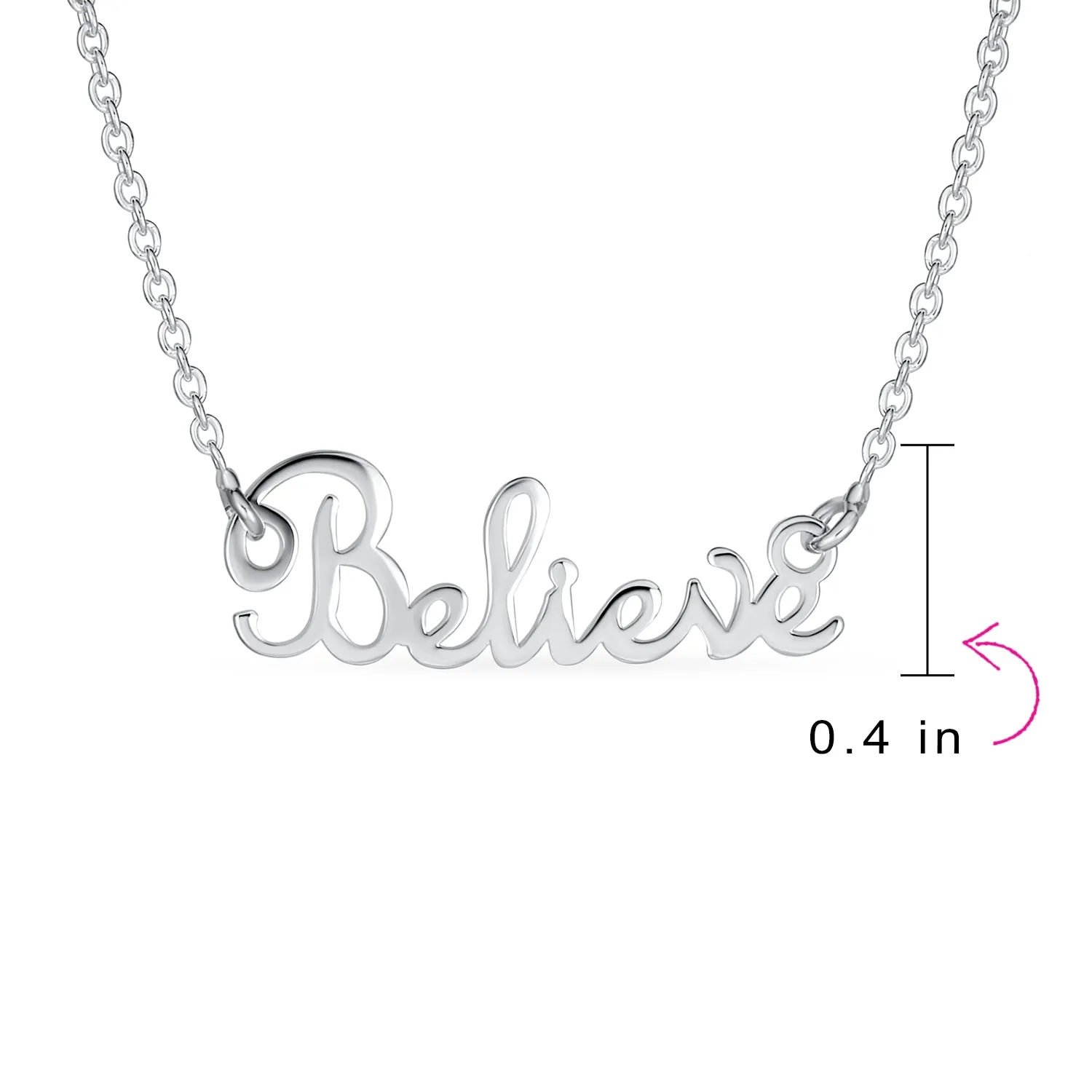 Sideways Station Script Word Believe Pendant Necklace .925 Sterling Silver 16"