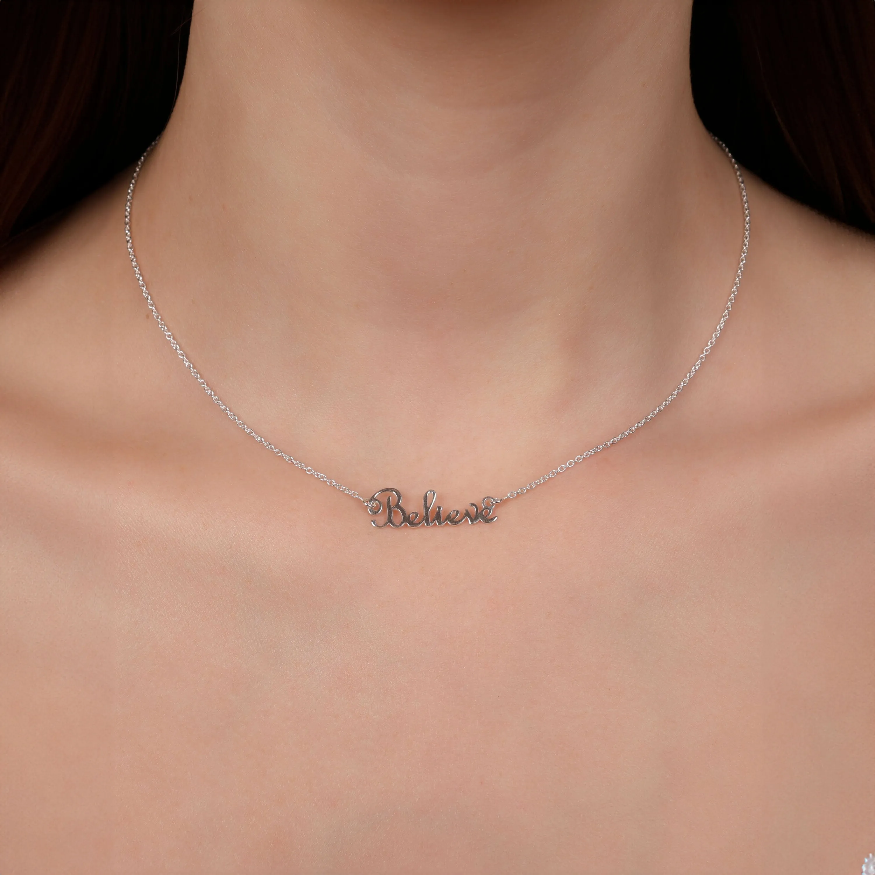 Sideways Station Script Word Believe Pendant Necklace .925 Sterling Silver 16"