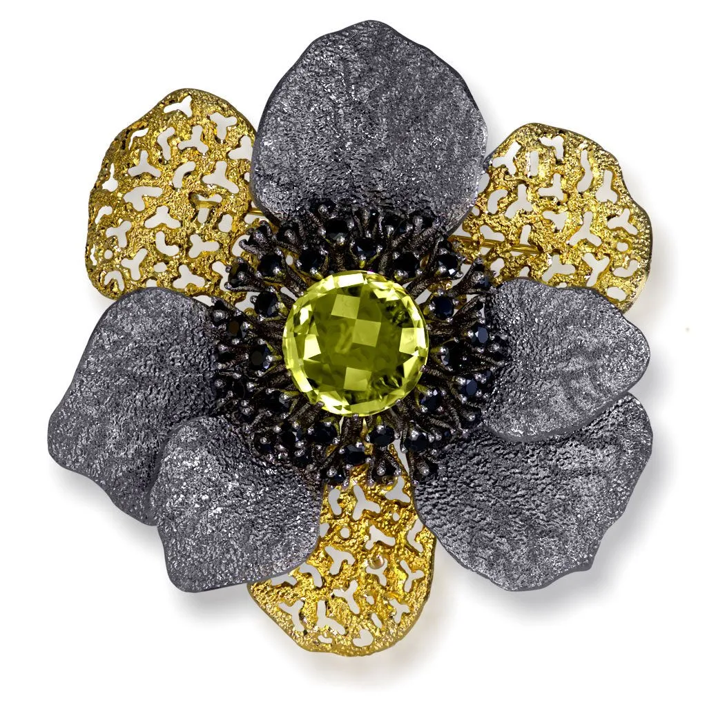 Silver Coronaria Brooch/Pendant with Lemon Citrine