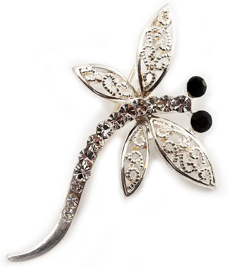 Silver Plated Filigree Crystal Dragonfly Costume Brooch