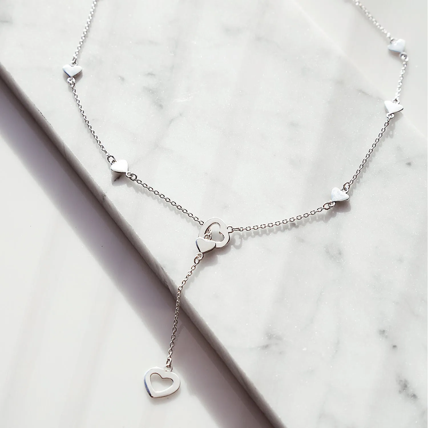 Simple Chain Drop Necklace with Open Hearts Dangle Lariat Pendant for Teens Silver
