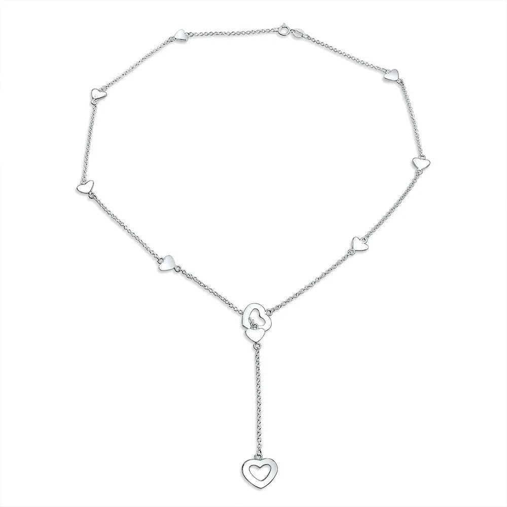 Simple Chain Drop Necklace with Open Hearts Dangle Lariat Pendant for Teens Silver