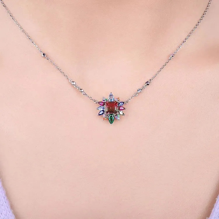 Sophisticated 925 Sterling Silver Pendant Necklace with Nano Simulated Watermelon Tourmaline and Created Ruby - 45cm