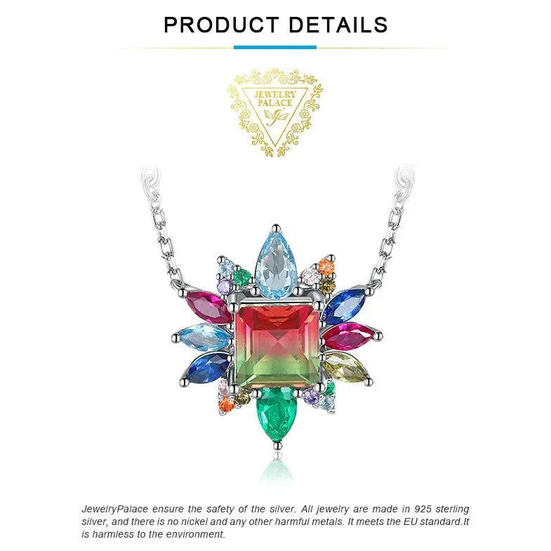 Sophisticated 925 Sterling Silver Pendant Necklace with Nano Simulated Watermelon Tourmaline and Created Ruby - 45cm