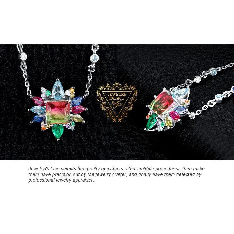 Sophisticated 925 Sterling Silver Pendant Necklace with Nano Simulated Watermelon Tourmaline and Created Ruby - 45cm