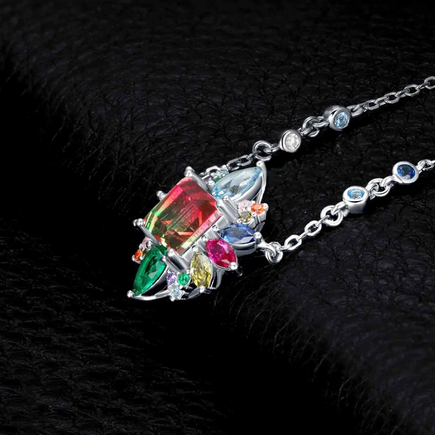 Sophisticated 925 Sterling Silver Pendant Necklace with Nano Simulated Watermelon Tourmaline and Created Ruby - 45cm