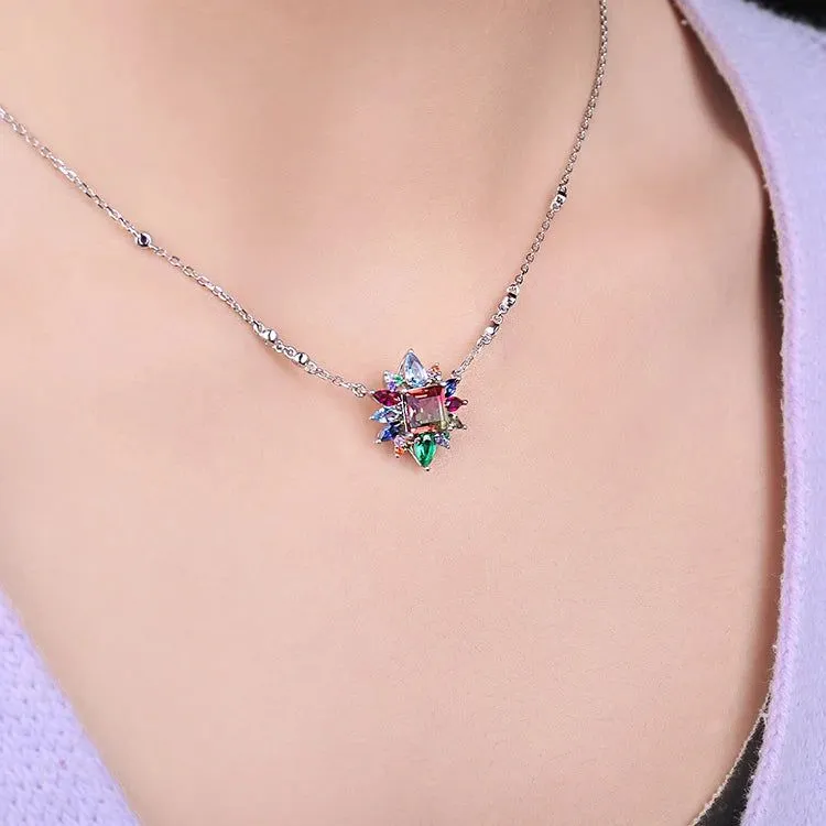 Sophisticated 925 Sterling Silver Pendant Necklace with Nano Simulated Watermelon Tourmaline and Created Ruby - 45cm